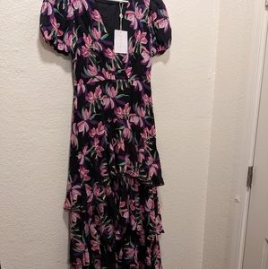 WAYF Tiered Ruffle Puff Sleeve Surplice Maxi Dress in Pink Purple Floral XL